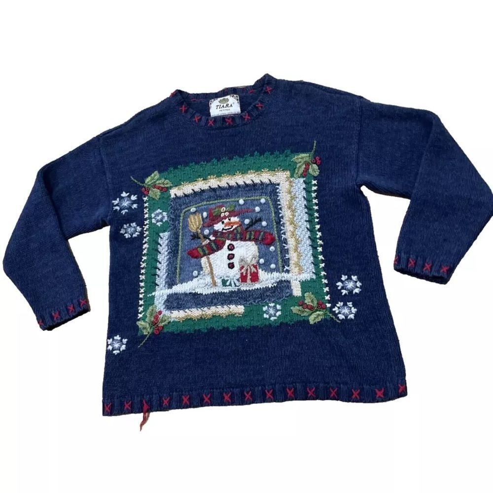 TIARA PETITES Christmas Sweater Womens M Ramie Linen Knit Blue Snowman Holiday M - Picture 1 of 16